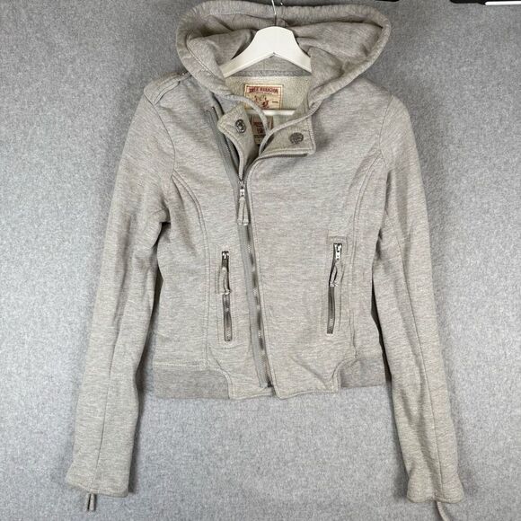 True Religion Womens Small Asymmetrical Zip Front Hoodie Moto Jacket Gray Fleece - Picture 1 of 7